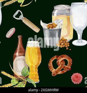 Motif aquarelle avec canette de bière avec verre pour la bière et seau de casse-croûte de haricots, avec ouvre-bouteille en acier et bouchon de bouteille, bouteille de bière avec forme Banque D'Images