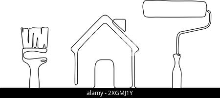 outils de travail peintre artisan vue de dessus ligne continue dessin minimalisme fond. pinceau, rouleau de peinture et icône de maison Illustration de Vecteur