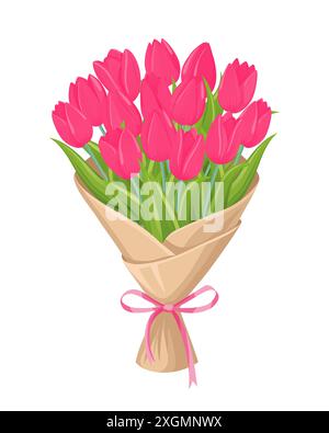 Bouquet de tulipes roses en papier décoratif avec un ruban de satin. Un charmant cadeau avec des fleurs pour la Saint-Valentin, la fête des mères, ou à montrer Illustration de Vecteur