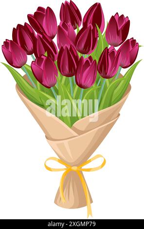 Un bouquet de tulipes Bourgogne dans un papier d'emballage avec un ruban. Un charmant cadeau avec des fleurs pour la Saint-Valentin, la fête des mères, ou pour montrer de l'appréciation Illustration de Vecteur