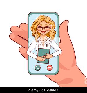 Consultation en ligne avec un médecin. jeune femme, spécialiste médical en lunettes donne des recommandations médicales. Une main tient un smartphone avec un médecin o Illustration de Vecteur