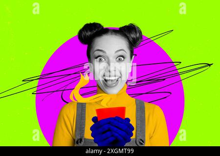 Croquis image composite tendance art collage photo de jeune femme dame sourire heureux tenir dans la main tasse de café tasse de thé reste détente arôme d'odeur Banque D'Images
