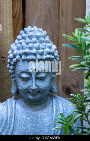 Gros plan d'une statue de Bouddha, placée contre une clôture en bois et entourée d'une végétation luxuriante. Banque D'Images
