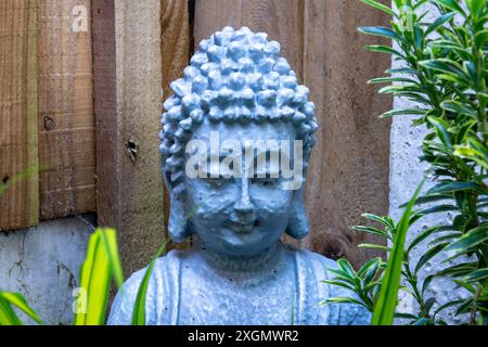 Gros plan d'une statue de Bouddha, placée contre une clôture en bois et entourée d'une végétation luxuriante. Banque D'Images