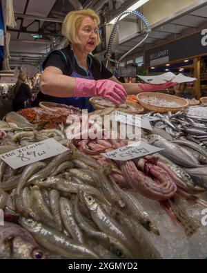 Gérone, Espagne - 21st octobre 2022 : un vendeur de stalle vend du poisson au célèbre Mercat del Lleo de Gérone Banque D'Images