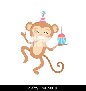 Singe mignon pour les enfants. Voeux d'anniversaire, gâteau et chapeau de fête. Illustration vectorielle Illustration de Vecteur