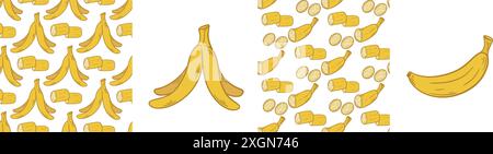 Ensemble banane de motifs sans couture et d'éléments clip art. Fonds tropicaux exotiques avec des fruits. Bananes jaunes mûres isolées sur fond blanc Illustration de Vecteur