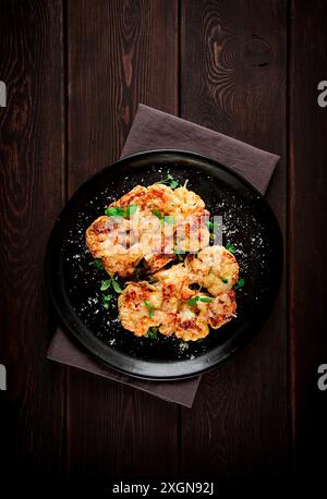 Steak, chou-fleur, avec fromage, épices, fait maison, sur une table en bois, fond sombre, gros plan, vue de dessus, mise au point sélective, personne Banque D'Images