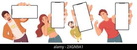 Personnages de personnes tenant un smartphone montrant un écran mobile vide Illustration de Vecteur