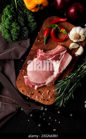 Viande de porc crue, sur une planche de bois, gros plan, vertical, pas de personnes, mise au point sélective, rustique, au service, tranché Banque D'Images