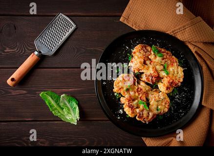 Steak, chou-fleur, avec fromage, épices, fait maison, sur une table en bois, fond sombre, gros plan, vue de dessus, mise au point sélective, personne Banque D'Images