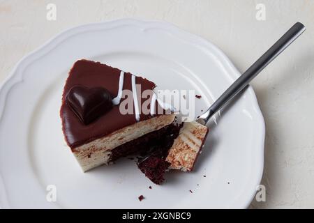 Tranche de gâteau, lait d'oiseau, gâteau éponge au chocolat avec soufflé, dessert sucré, sur une assiette blanche, gros plan, horizontal, pas de gens Banque D'Images