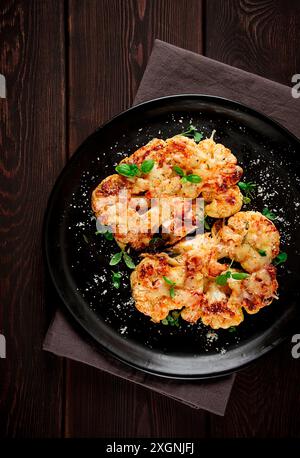 Steak, chou-fleur, avec fromage, épices, fait maison, sur une table en bois, fond sombre, gros plan, vue de dessus, mise au point sélective, personne Banque D'Images