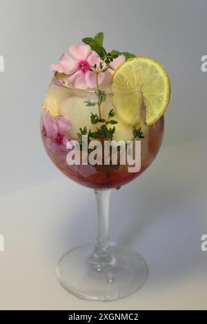 Cocktail élégant garni de fleurs, d'une tranche de citron et d'herbes dans un verre clair sur fond clair Banque D'Images
