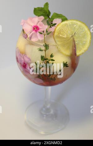 Un cocktail rafraîchissant garni de fleurs roses, d’une tranche de citron, de menthe et de thym dans un verre à vin Banque D'Images