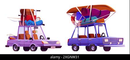 Voiture avec bagages sur le toit pour les voyages de vacances en famille. Ensemble d'illustration vectorielle de dessin animé d'automobile mignonne avec des valises et un bateau, inventaire sportif et canne à pêche pour le voyage de vacances d'été par la route. Illustration de Vecteur