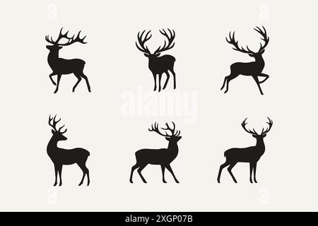 Élégantes silhouettes de cerf dans diverses poses Illustration de Vecteur