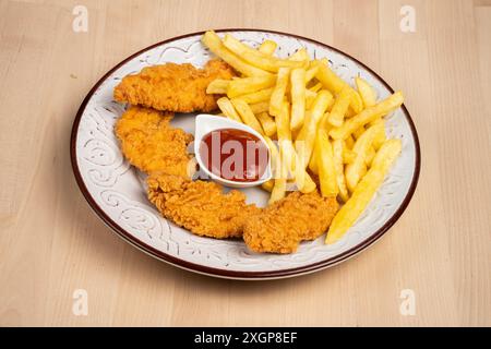 Une assiette d'ailes de poulet frites croustillantes avec des frites et un côté de ketchup sur une table en bois Banque D'Images