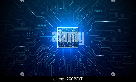 Puce ai incandescente sur carte de circuit imprimé de lumière sur fond de technologie. Illustration de Vecteur