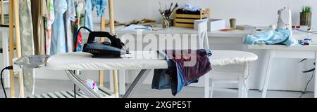 Un fer repose sur une planche à repasser blanche, prêt à presser et à restaurer les vêtements jetés. Banque D'Images