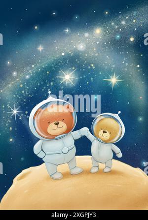Deux frères astronautes ours en peluche en voyage spatial. Banque D'Images