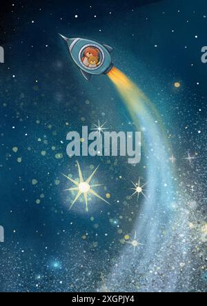 Deux frères astronautes ours en peluche en voyage spatial. Banque D'Images