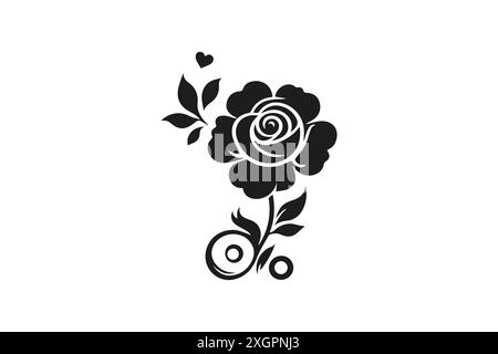 Élégante illustration de rose noire et blanche avec coeur et feuilles Illustration de Vecteur