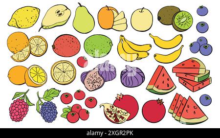 Ensemble d'icônes colorées de fruits isolé sur fond blanc. Illustration vectorielle de nourriture végétarienne pour le menu des restaurants, marchés et magasins, sites Web, tex Illustration de Vecteur