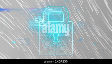 Image du traitement des données sur l'icône de cadenas de sécurité contre des traînées de lumière sur fond gris. Cybersécurité et concept de technologie d'entreprise Banque D'Images