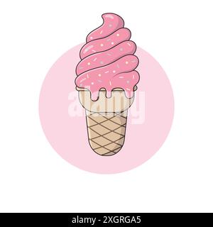 Délicieuse crème glacée à la fraise dans le cône de tasse de gaufres de sucre avec illustration vectorielle multicolore Sprinkles. Crème glacée Mr. Whippy. Dessert d'été sucré. Illustration de Vecteur