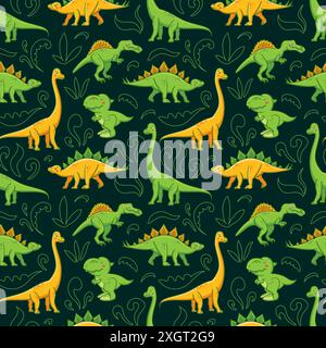 Modèle sans couture de dinosaures mignons dans le style kawaii asiatique. Tyrannosaurus rex, stegosaurus, tricératops, ptérosaure, spinosaurus, ichtyosaure, diplodocus Illustration de Vecteur