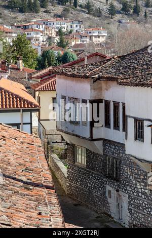 Un aperçu de la charmante vieille ville de Kastoria, dans le nord de la Grèce, présentant des maisons traditionnelles en pierre et en bois avec des toits en tuiles rouges. Banque D'Images