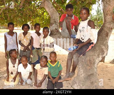 Ligogo enfants avec des garçons d'arbre, Ligogo, Inhambane, Mozambique. Banque D'Images