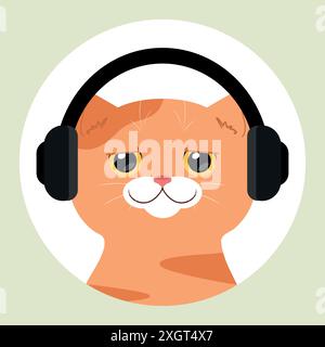 Chat tabby rouge mignon dans les écouteurs. Chat écoutant de la musique ou jouant à des jeux. Personnage de dessin animé mignon. Illustration vectorielle Illustration de Vecteur