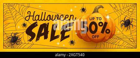 Bannière de vente d'Halloween avec citrouille, toile d'araignée et toile d'araignée. Vecteur promo fond ou coupon pour l'offre de réduction de vacances d'automne. Carte publicitaire avec des arachnides effrayants et étranges rampant sur des toiles d'araignées Illustration de Vecteur