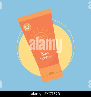 Tube avec produit de protection solaire sur fond de soleil. Produit de soin de la peau d'été avec protection UV SPF. Crème ou lotion SPF. Illustration vectorielle Illustration de Vecteur