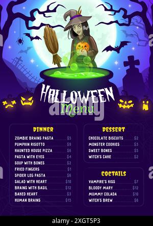 Menu de sorcières effrayantes d'Halloween. Événement d'octobre, fête effrayante de la saison d'automne ou restaurant de célébration effrayant d'Halloween ou affiche vectorielle de menu de café avec caractère de sorcière, potion dans le chaudron et les lanternes de citrouille Illustration de Vecteur