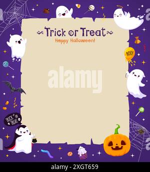 Bannière d'Halloween avec parchemin vintage et fantômes kawaii, hantant fantaisiquement la scène avec leur charme adorable, capturant l'esprit des festivités effrayantes. Cadre vectoriel de dessin animé ou modèle de bordure Illustration de Vecteur