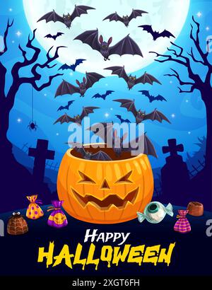 Affiche de vacances d'Halloween avec troupeau de chauves-souris et grande citrouille sur le cimetière de minuit. Fond de vecteur de saison d'Halloween avec Jack o Lantern effrayant, volant la nuit des chauves-souris et des pierres tombales de cimetière, bonbons Illustration de Vecteur