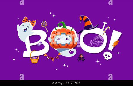 Bannière de bouo d'Halloween avec des fantômes kawaii mignons drôles. Fond vectoriel délicieusement effrayant, comporte des spooks de bébé adorables portant des costumes festifs, un chapeau de sorcière rayé et des bonbons festifs étranges charmants Illustration de Vecteur