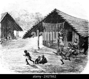 Vie de famille dans un village sur le fleuve Congo, Afrique, République démocratique du Congo, ex-Zaïre, Afrique centrale, illustration historique 1886 Banque D'Images