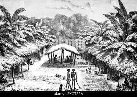 Petit village près du fleuve Gabon ou estuaire du Gabon, ouest Gabon, Afrique centrale, illustration historique 1886 Banque D'Images