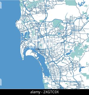Carte de San Diego en Californie en bleu. Contient un vecteur en couches avec routes eau, parcs, etc Illustration de Vecteur