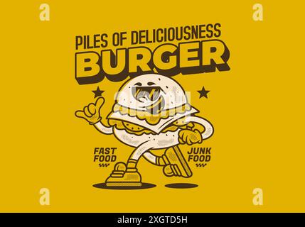 Burger, pile de délices. Illustration de personnage de mascotte vintage de hamburger en posture courante Illustration de Vecteur