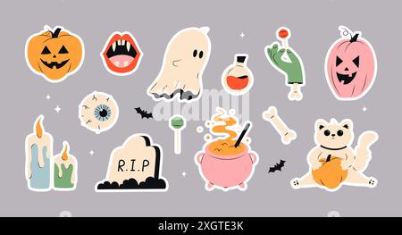 Halloween Happy ensemble d'éléments, fantôme, citrouille. Illustration de Vecteur