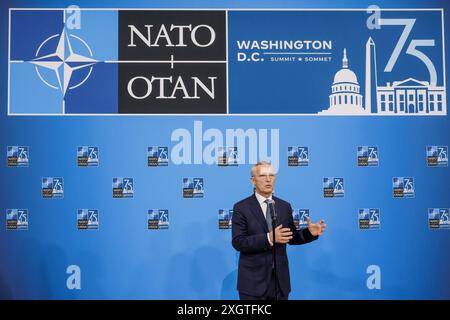 Washington, États-Unis. 10 juillet 2024. Déclaration du Secrétaire général de l'OTAN, Jens Stoltenberg, au début du Sommet de l'OTAN de 2024 à Washington. Credit : -/NATO/dpa - ATTENTION : usage éditorial uniquement et uniquement si le crédit mentionné ci-dessus est référencé dans full/dpa/Alamy Live News Banque D'Images