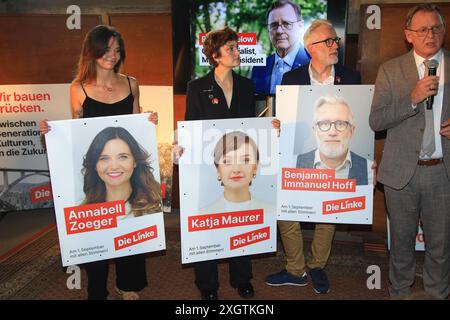 Präsentation der Wahlkampfkampanie der Linken in Thüringen zur Landtagswahl Erfurt, 10.07.2024 - Präsentation der Wahlkampfkampanie der Linken in Thüringen zur Landtagswahl im Zughafen in Erfurt Foto : Matthias Gränzdörfer Thüringen Allemagne *** présentation de l'entreprise de campagne du Parti de gauche en Thuringe pour les élections d'État Erfurt, 10 07 2024 présentation de l'entreprise de campagne du Parti de gauche de Thuringe pour l'élection de l'État dans le port ferroviaire d'Erfurt photo Matthias Gränzdörfer Thuringe Allemagne Copyright : xMatthiasxGränzdörferx Banque D'Images