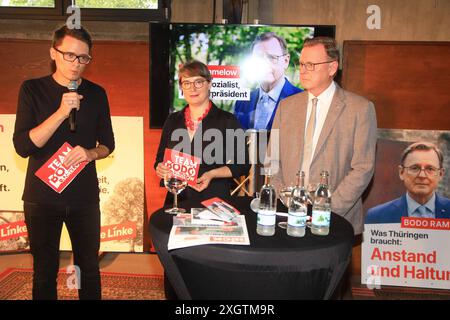 Präsentation der Wahlkampfkampanie der Linken in Thüringen zur Landtagswahl Erfurt, 10.07.2024 - Präsentation der Wahlkampfkampanie der Linken in Thüringen zur Landtagswahl im Zughafen in Erfurt Foto : Matthias Gränzdörfer Thüringen Allemagne *** présentation de l'entreprise de campagne du Parti de gauche en Thuringe pour les élections d'État Erfurt, 10 07 2024 présentation de l'entreprise de campagne du Parti de gauche de Thuringe pour l'élection de l'État dans le port ferroviaire d'Erfurt photo Matthias Gränzdörfer Thuringe Allemagne Copyright : xMatthiasxGränzdörferx Banque D'Images