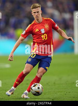 L'Espagnol Dani Olmo lors de l'UEFA Euro 2024, match de demi-finale à la Munich Football Arena, en Allemagne. Date de la photo : mardi 9 juillet 2024. Banque D'Images