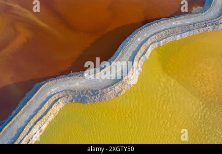 La prise de vue aérienne capture les couleurs et les textures saisissantes des eaux toxiques de Rio Tinto qui serpentent à travers le paysage espagnol, mettant en valeur l'abstraction de la nature Banque D'Images